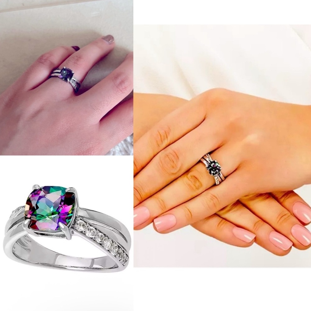 Sterling Silver Mystic Fire Topaz and Created White Sapphire Cushion Ring